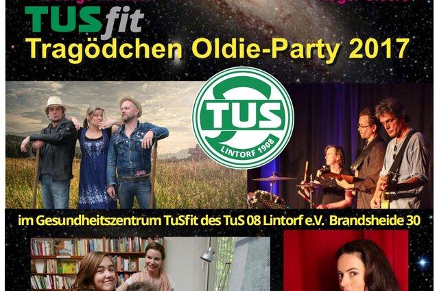 Werbung f&uuml;r eine Oldie-Party mit K&uuml;nstlernamen und einem Logo, unterteilt in zwei Bildbereiche mit K&uuml;nstlern und Informationen.