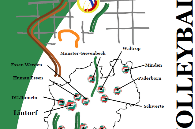 Plakat zur Westdeutschen Volleyballmeisterschaft m&auml;nnlich U12 mit Grafik von St&auml;dten und Termininformationen.