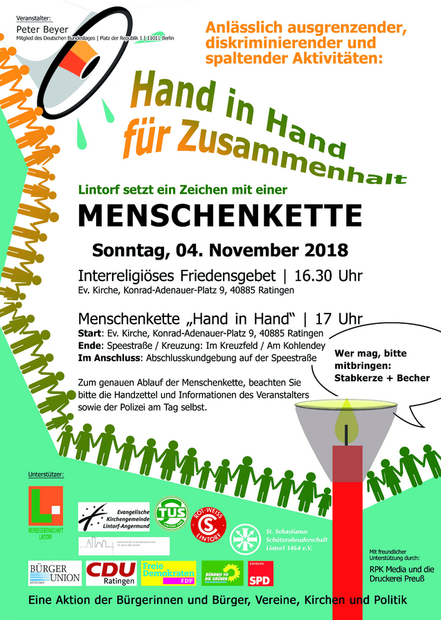 Plakat zur Veranstaltung „Hand in Hand für Zusammenhalt“ mit Informationen zu Menschenskette und interreligiösem Friedensgebet.