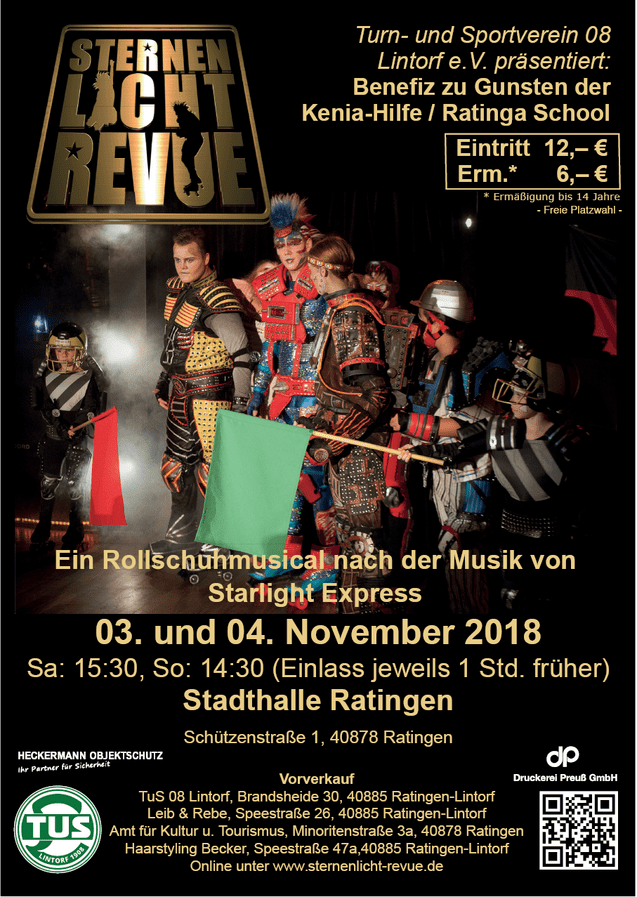 Plakat für das Benefiz-Rollschuhmusical „Sternenlicht Revue“ mit Darstellern in bunten Kostümen.