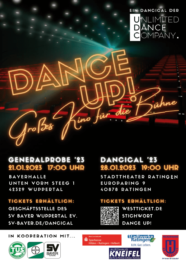 Eventposter für „DANCE UP!“, Werbetext, Datum und Ticketinformationen in einem Kinoambiente.
