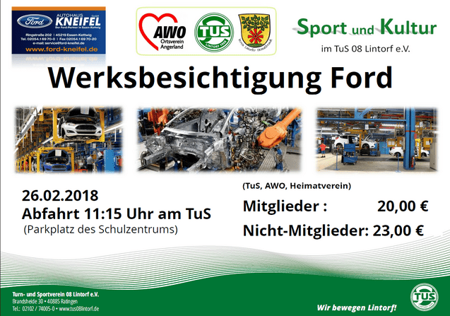 Ein Plakat zur Werksbesichtigung bei Ford mit Logo, Datum, Abfahrtszeit und Preisinformationen für Mitglieder und Nicht-Mitglieder.