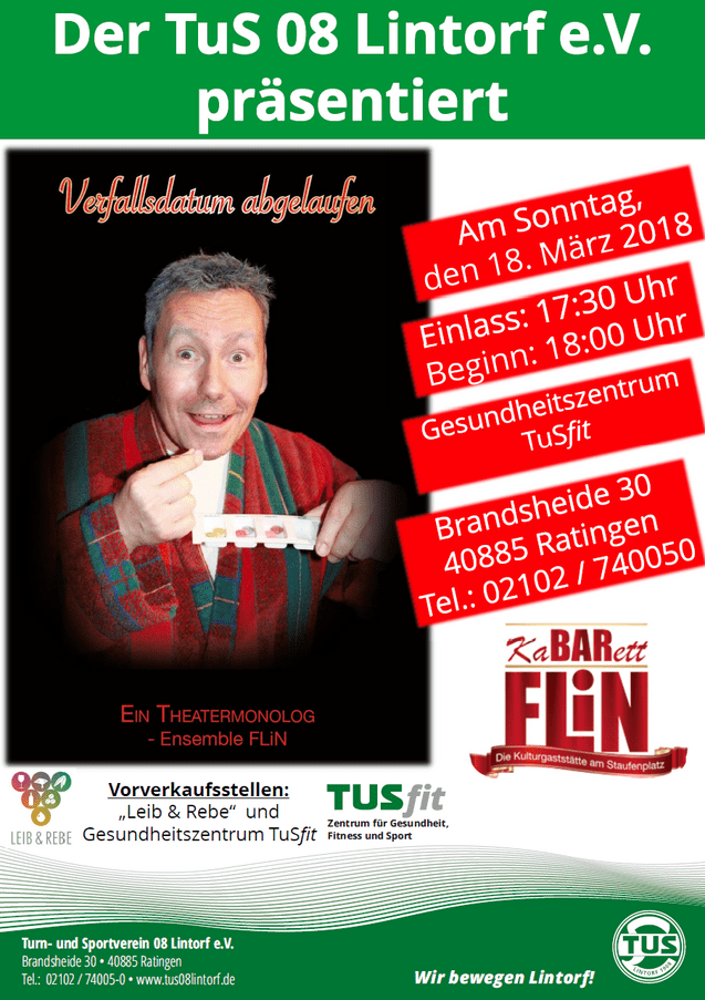 Plakat für eine Theateraufführung mit einem lächelnden Mann, der bunte Tabletten hält, Datum und Ort angegeben.
