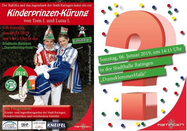 Plakat zur Kinderprinzen-Kürung mit bunten Elementen, Datum, Uhrzeit und Veranstaltungsdetails in der Stadthalle Ratingen.