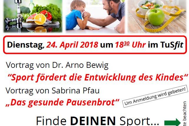 Werbung f&uuml;r einen Vortrag zu Bewegung und Ern&auml;hrung f&uuml;r Kinder, mit Details zu Terminen und Referenten im TuSfit.