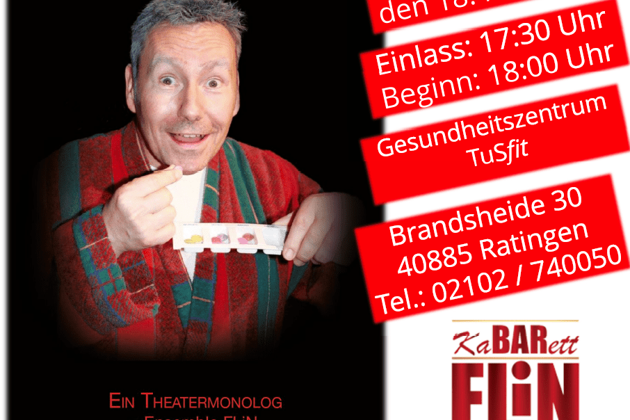 Plakat f&uuml;r ein Theatermonolog-Event mit l&auml;chelndem Mann in bunter Kleidung, Details zu Datum und Ort unten.