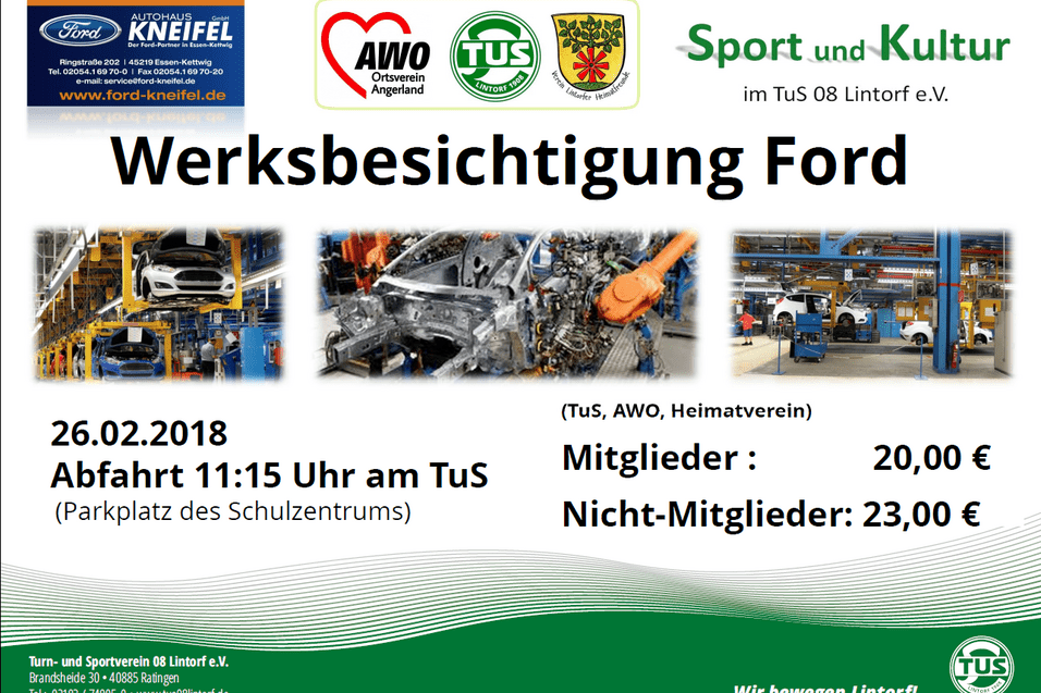 Ein Plakat zur Werksbesichtigung bei Ford mit Logo, Datum, Abfahrtszeit und Preisinformationen f&uuml;r Mitglieder und Nicht-Mitglieder.