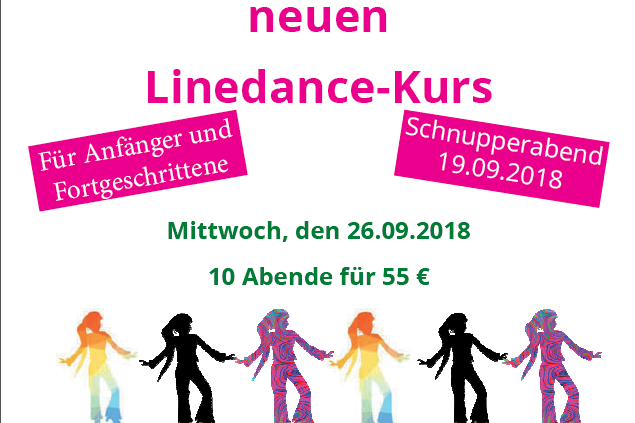 Ank&uuml;ndigung f&uuml;r einen Linedance-Kurs, inklusive Details zu Schnupperabend und Anmeldung, mit tanzenden Silhouetten.