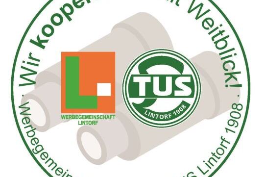 Logo der Werbegemeinschaft Lintorf und TUS Lintorf 1908 mit dem Slogan &bdquo;Wir kooperieren mit Weitblick!&ldquo; und Ferngl&auml;sern.
