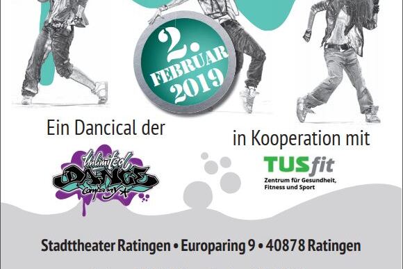 Plakat f&uuml;r die Tanzveranstaltung &bdquo;Dance Up!&ldquo; am 2. Februar 2019 mit Details zum Ort und Ticketpreisen.