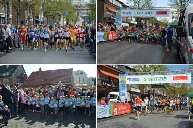 Zusammensetzung von vier Bildern: L&auml;ufer starten beim Wettlauf, Kindergruppe mit Shirts, Zielbogen an der Stra&szlig;e, Teilnehmer laufen durch Ziel.