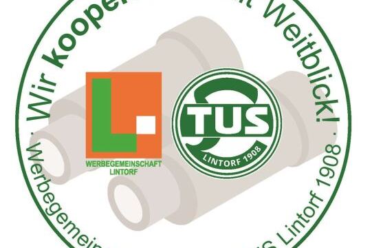 Logo der Werbegemeinschaft Lintorf und TUS Lintorf 1908 mit dem Slogan &bdquo;Wir kooperieren mit Weitblick!&ldquo; und Ferngl&auml;sern.
