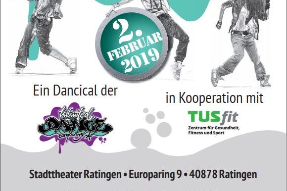 Plakat f&uuml;r die Tanzveranstaltung &bdquo;Dance Up!&ldquo; am 2. Februar 2019 mit Details zum Ort und Ticketpreisen.