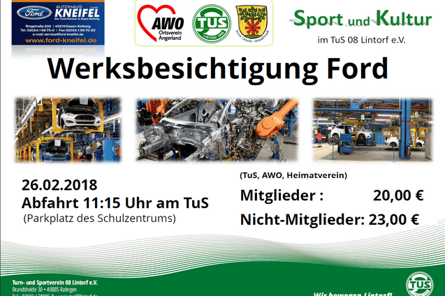 Ein Plakat zur Werksbesichtigung bei Ford mit Logo, Datum, Abfahrtszeit und Preisinformationen f&uuml;r Mitglieder und Nicht-Mitglieder.