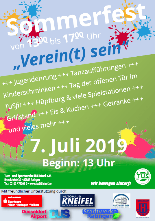Plakat für Sommerfest am 7. Juli 2019, 13-17 Uhr, mit Aktivitäten und Veranstaltungen. Bunte Farbspritzer im Hintergrund.