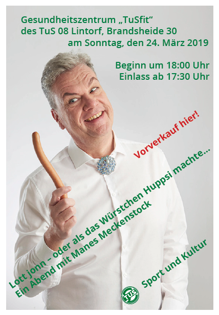 Mann mit Wurst in der Hand l&auml;chelt vor wei&szlig;em Hintergrund, Werbung f&uuml;r eine Veranstaltung im Gesundheitszentrum.