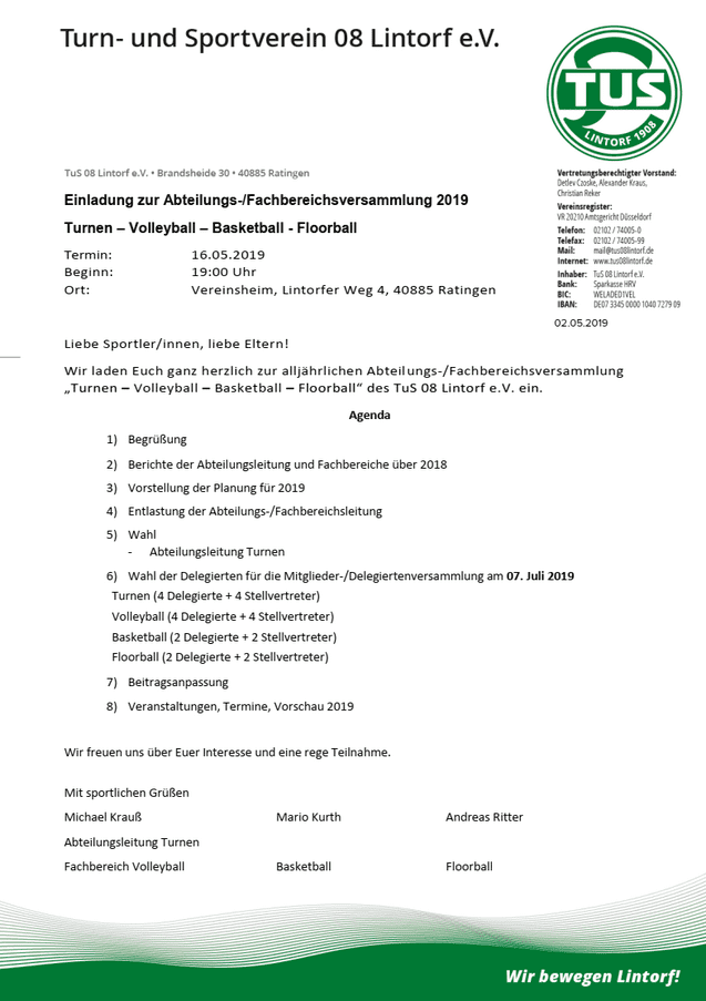 Einladung zur Abteilungsversammlung 2019 des TuS 08 Lintorf e.V. mit Termin, Ort und Agenda auf einem Dokument.