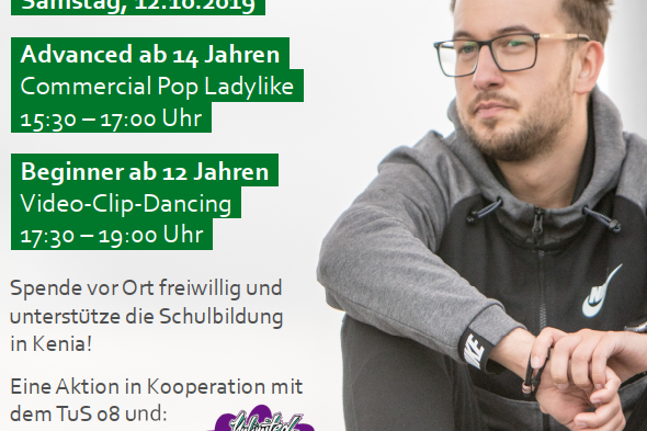 Plakat f&uuml;r Charity Tanz-Workshops mit Informationen zu Datum, Uhrzeiten und Teilnahmebedingungen in gr&uuml;nem Design.