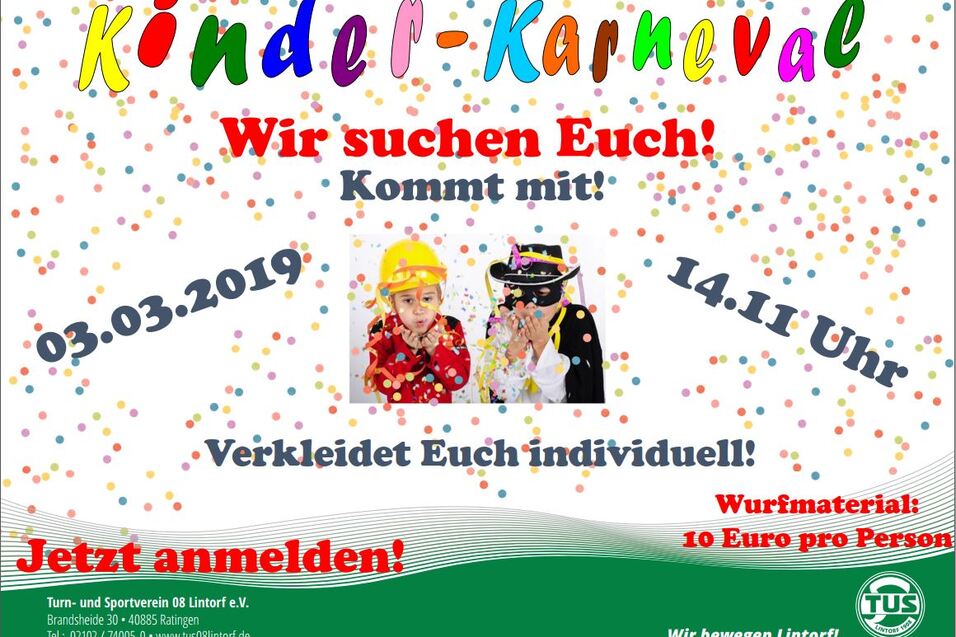 Plakat f&uuml;r Kinderkarneval mit bunten Konfetti, Datum, Uhrzeit und Informationen zur Anmeldung. Zwei Kinder in Kost&uuml;men.