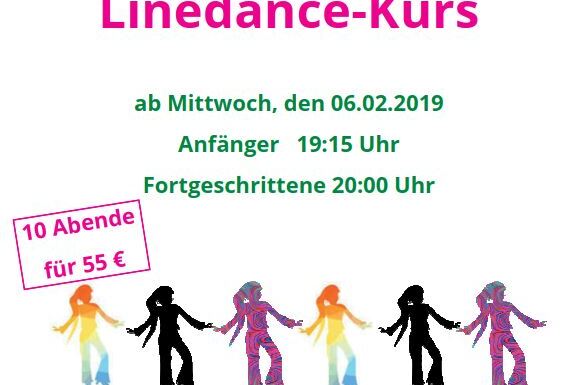 Plakat f&uuml;r einen neuen Linedance-Kurs ab 06.02.2019 mit Informationen zu Zeiten und Anmeldung, farbige Silhouetten tanzen.