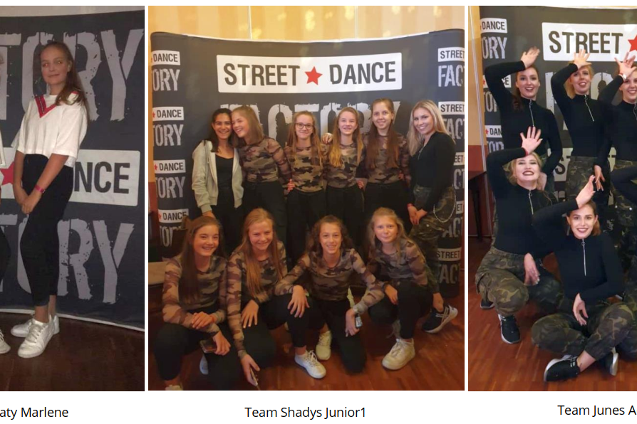 Drei Tanzgruppen posieren vor einem Banner mit der Aufschrift &bdquo;Street Dance Factory&ldquo;.