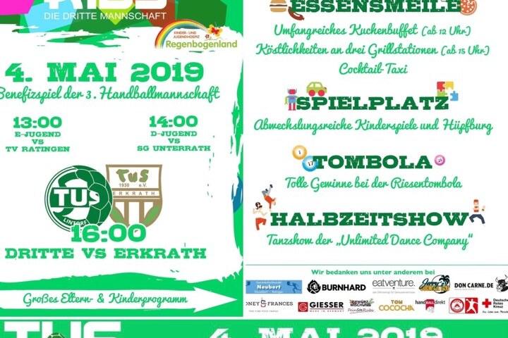 Plakat für ein Benefizspiel am 4. Mai 2019 mit Veranstaltungshinweisen zu Spielen, Tombola und mehr.
