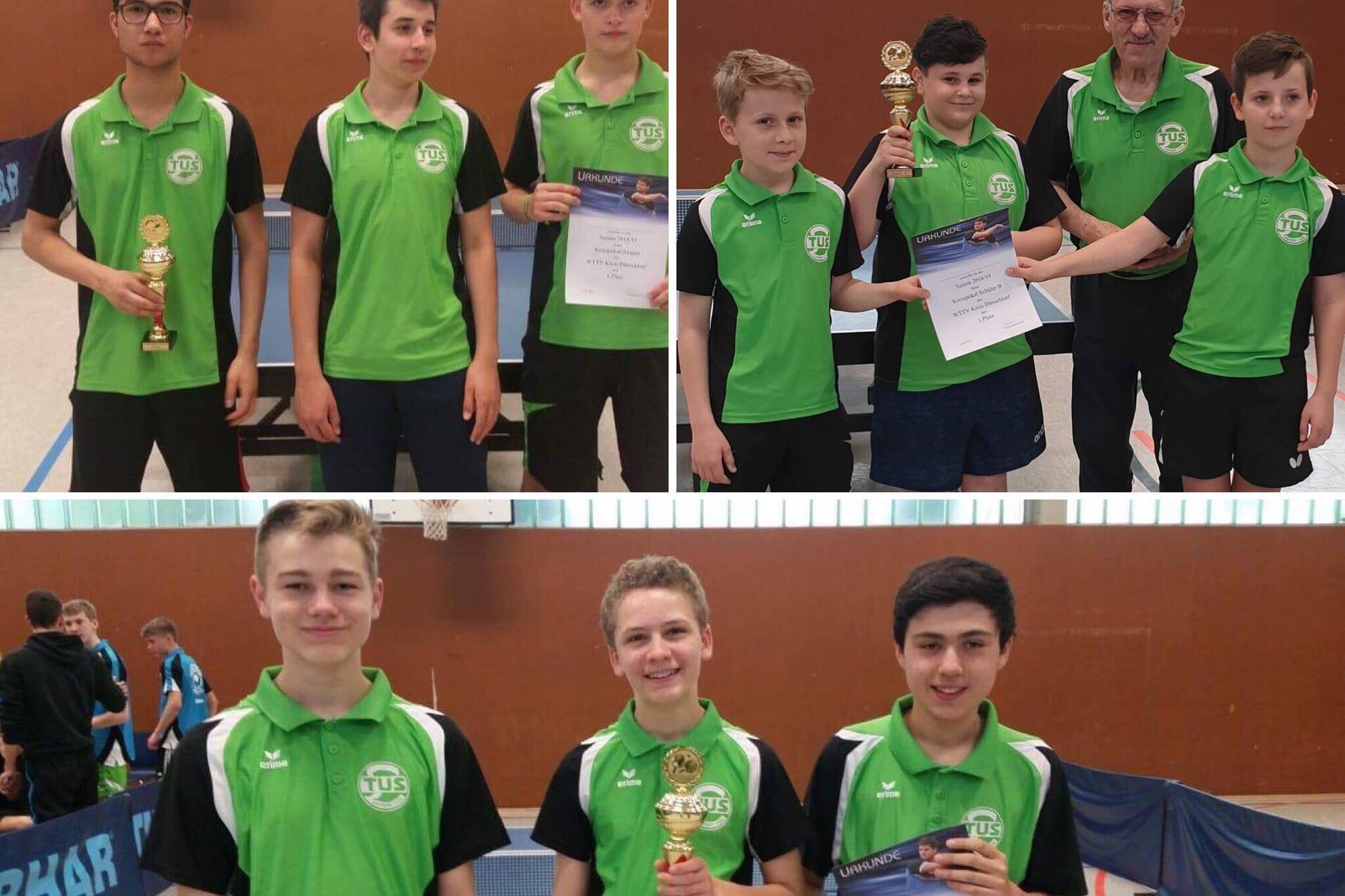 Gruppenfoto von vier Tischtennisspielern in grünen Trikots, die Pokale und Urkunden halten, in einer Sporthalle.