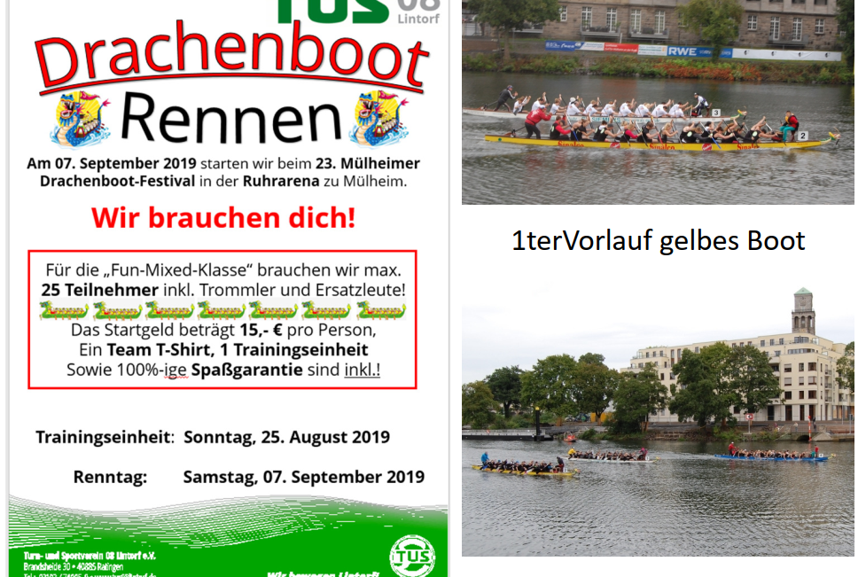 Teilnehmer in einem gelben Drachenboot paddeln auf dem Wasser w&auml;hrend des Drachenboot-Rennens in M&uuml;lheim.