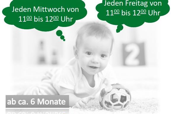 Anzeige f&uuml;r eine Krabbelgruppe mit einem Baby, das ein Spielzeug h&auml;lt, und Informationen zu Terminen und Ort.