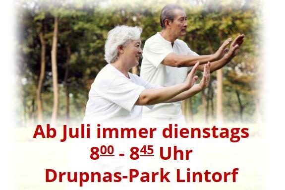 Plakat f&uuml;r Qi Gong-Kurs mit zwei &auml;lteren Teilnehmern in einem Park, Datum, Uhrzeit und Infos zum Training.