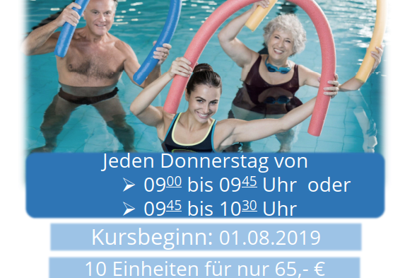F&uuml;nf Personen trainieren mit Schwimmnudeln im Wasser, Werbung f&uuml;r Wassergymnastik im St. Marien Krankenhaus.