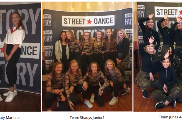 Drei Tanzgruppen posieren vor einem Banner mit der Aufschrift &bdquo;Street Dance Factory&ldquo;.