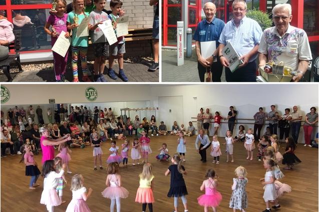 Zwei Gruppenbilder: Kinder mit Urkunden, Erwachsene posieren, und tanzende Kinder in einem Saal.