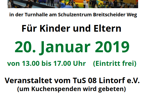 Banner f&uuml;r das 29. Hallenspiel fest mit Informationen zu Datum, Uhrzeit, Veranstalter und Kinderprinzenpaar in einer Turnhalle.