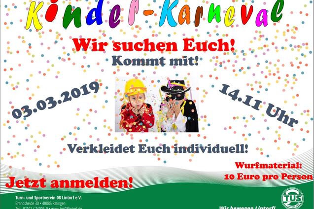 Plakat f&uuml;r Kinderkarneval mit bunten Konfetti, Datum, Uhrzeit und Informationen zur Anmeldung. Zwei Kinder in Kost&uuml;men.