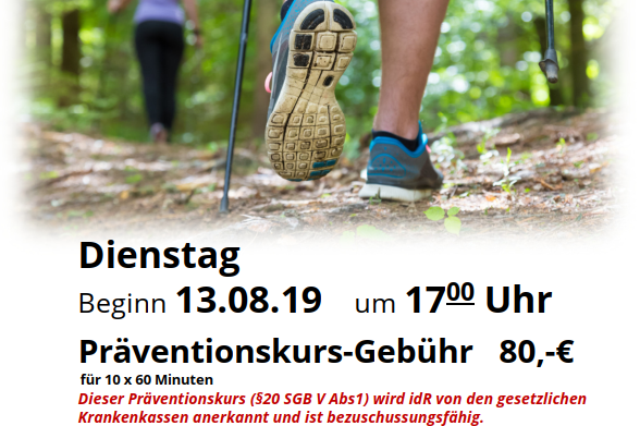 Ank&uuml;ndigung f&uuml;r einen Nordic Walking Pr&auml;ventionskurs mit Details zu Datum, Uhrzeit und Treffpunkt.