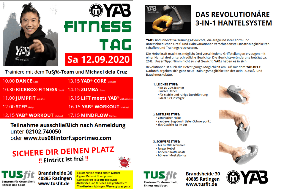 Flyer f&uuml;r den YAB Fitness Tag am 12.09.2020 mit Trainingszeiten und Informationen zum 3-in-1 Hantel-System.