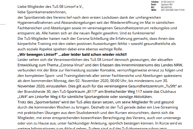 Pressmitteilung des TuS 08 Lintorf e.V. mit Informationen zu Sportbetrieb und Hygienema&szlig;nahmen w&auml;hrend der Pandemie.