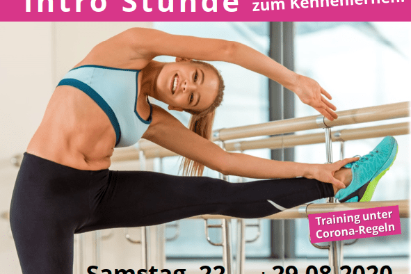 Ank&uuml;ndigung f&uuml;r Barre Concept Intro-Stunde mit einer T&auml;nzerin, die eine Dehn&uuml;bung an der Ballettstange macht.