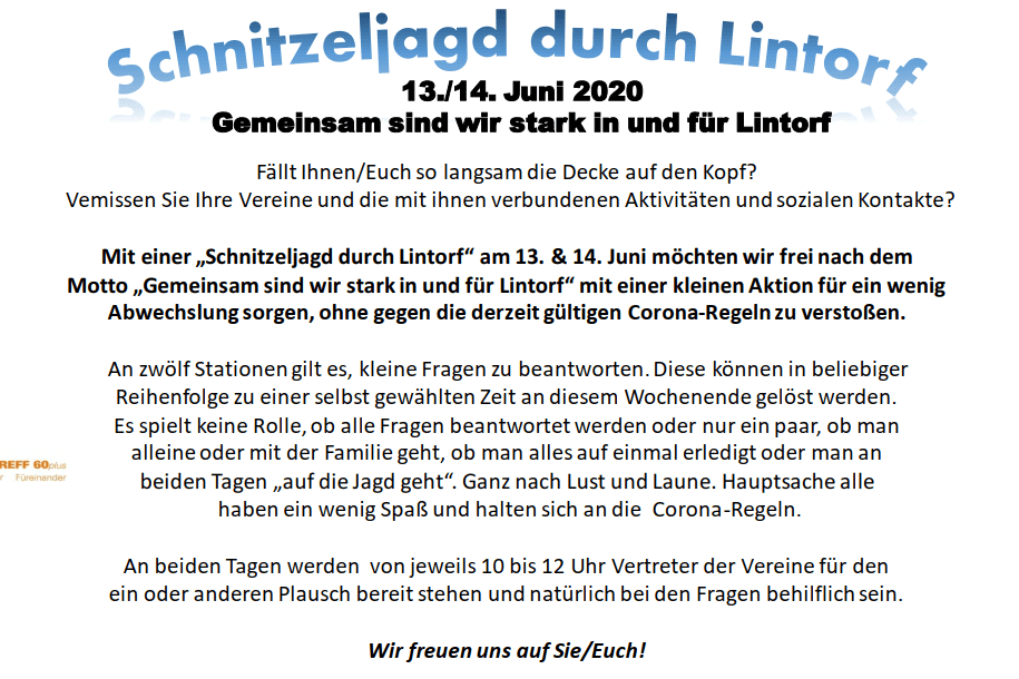 Flyer f&uuml;r eine Schnitzeljagd in Lintorf am 13./14. Juni 2020, mit Informationen zu Aktivit&auml;ten und Corona-Regeln.
