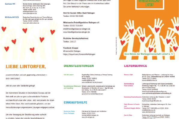 Informationsblatt der Werbegemeinschaft Lintorf mit Kontakt- und Beratungsangeboten sowie Restaurants und Dienstleistungen.