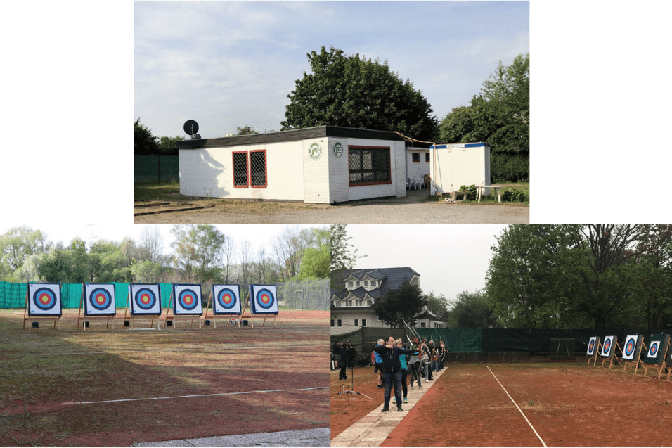 Drei Bilder zeigen ein Vereinsgeb&auml;ude und mehrere Zielscheiben auf einem Bogenschie&szlig;platz im Freien.