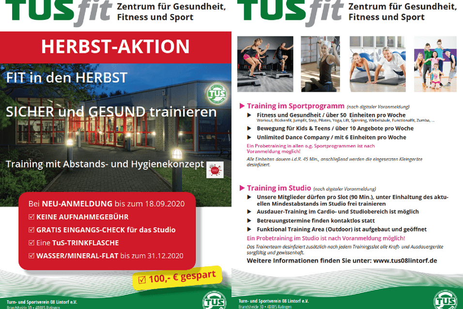 Informationsblatt zu einer Herbstaktion im TUSfit Fitnesszentrum, mit Hinweisen zu Angeboten und Hygienekonzepten.
