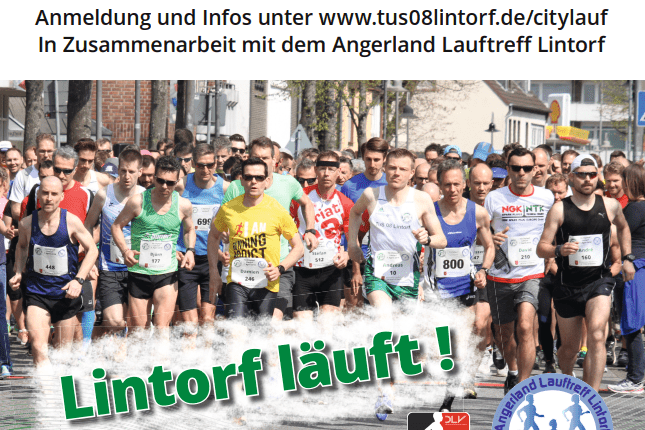 Teilnehmer des 13. Citylaufs Lintorf starten am 19. April 2020 auf der Speestraße in Lintorf.