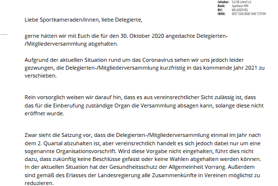 Pressemitteilung des TuS 08 Lintorf zu verschobener Delegierten-/Mitgliederversammlung aufgrund von COVID-19.