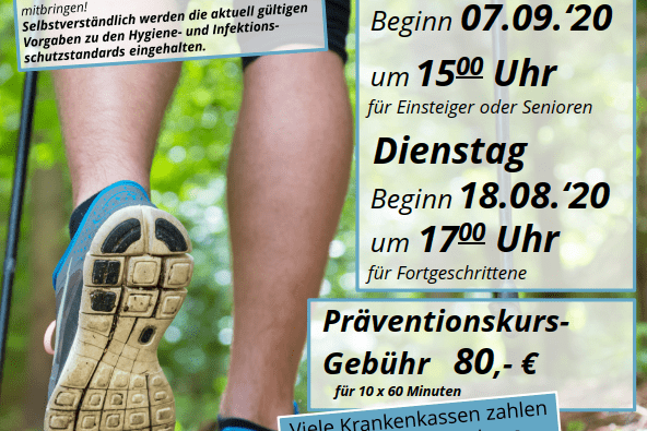 Plakat f&uuml;r Nordic Walking Kurs mit Informationen zu Terminen, Geb&uuml;hr und Anmeldung, Hintergrund mit Natur und sportlichen F&uuml;&szlig;en.