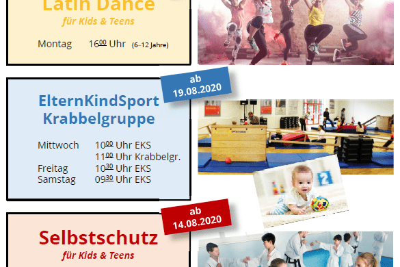 Kursangebot des TUS 08 Lintorf für Kids & Teens mit Terminen für Latin Dance, Eltern-Kind-Sport und Selbstschutz.