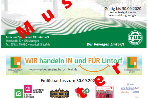 Warengutschein im Wert von 15 Euro mit Einlösebedingungen und Ablaufdatum, umrahmt von Logos lokaler Geschäfte.