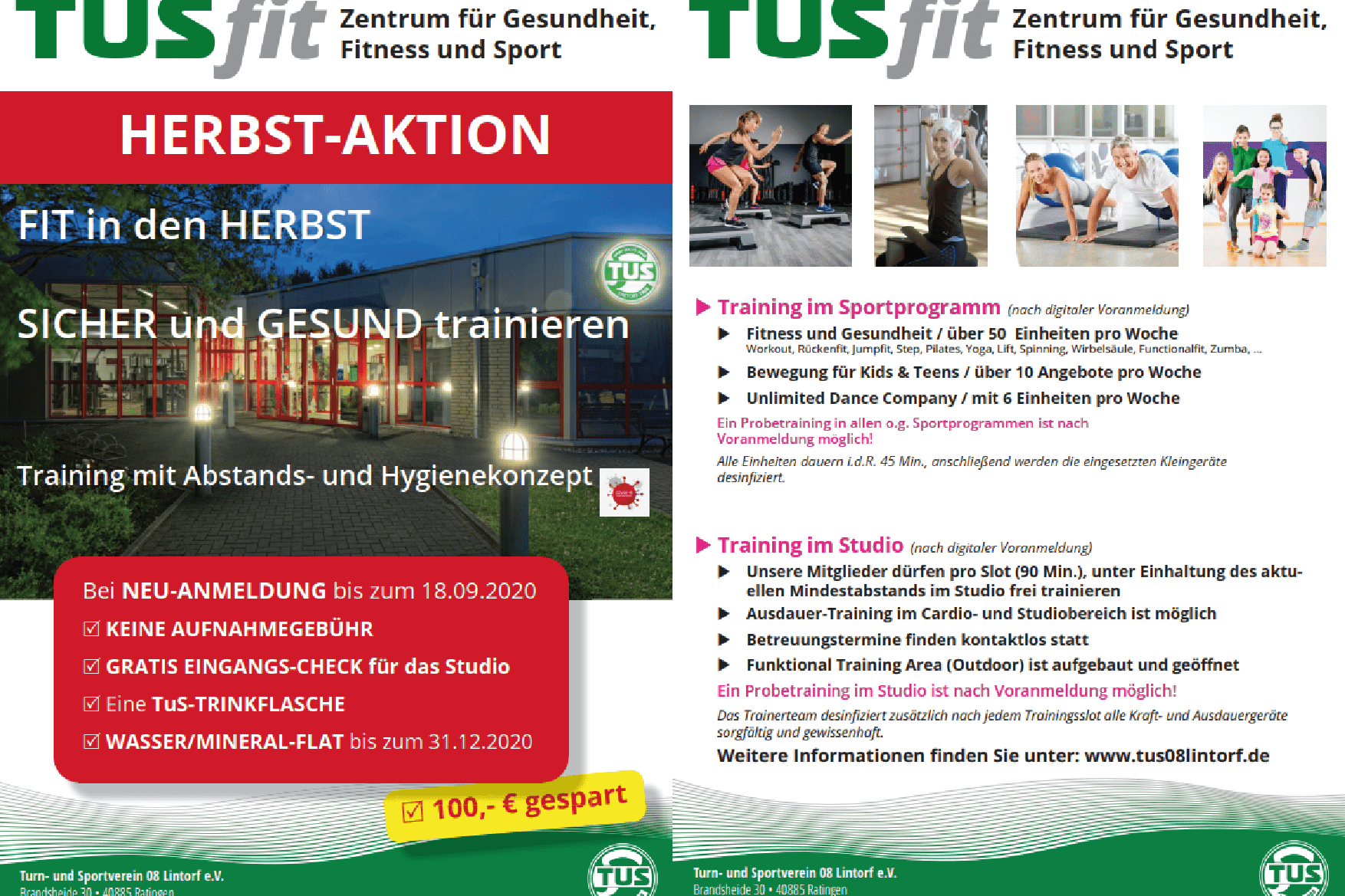 Informationsblatt zu einer Herbstaktion im TUSfit Fitnesszentrum, mit Hinweisen zu Angeboten und Hygienekonzepten.