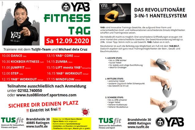 Flyer f&uuml;r den YAB Fitness Tag am 12.09.2020 mit Trainingszeiten und Informationen zum 3-in-1 Hantel-System.